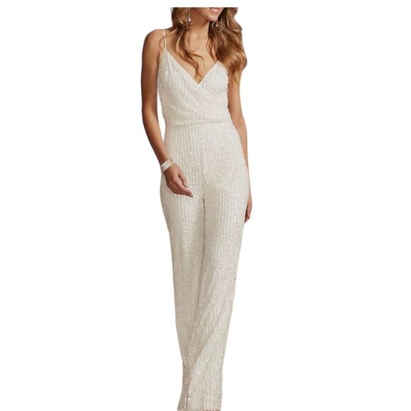 New Bebe bead sequin white jumpsuit wide leg V neck XS black fabric belt - Picture 2 of 6